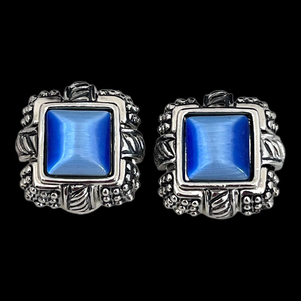 Vintage 1980s Clip On Earrings Blue Moonglow Antique Silver Tone Square - 2Q